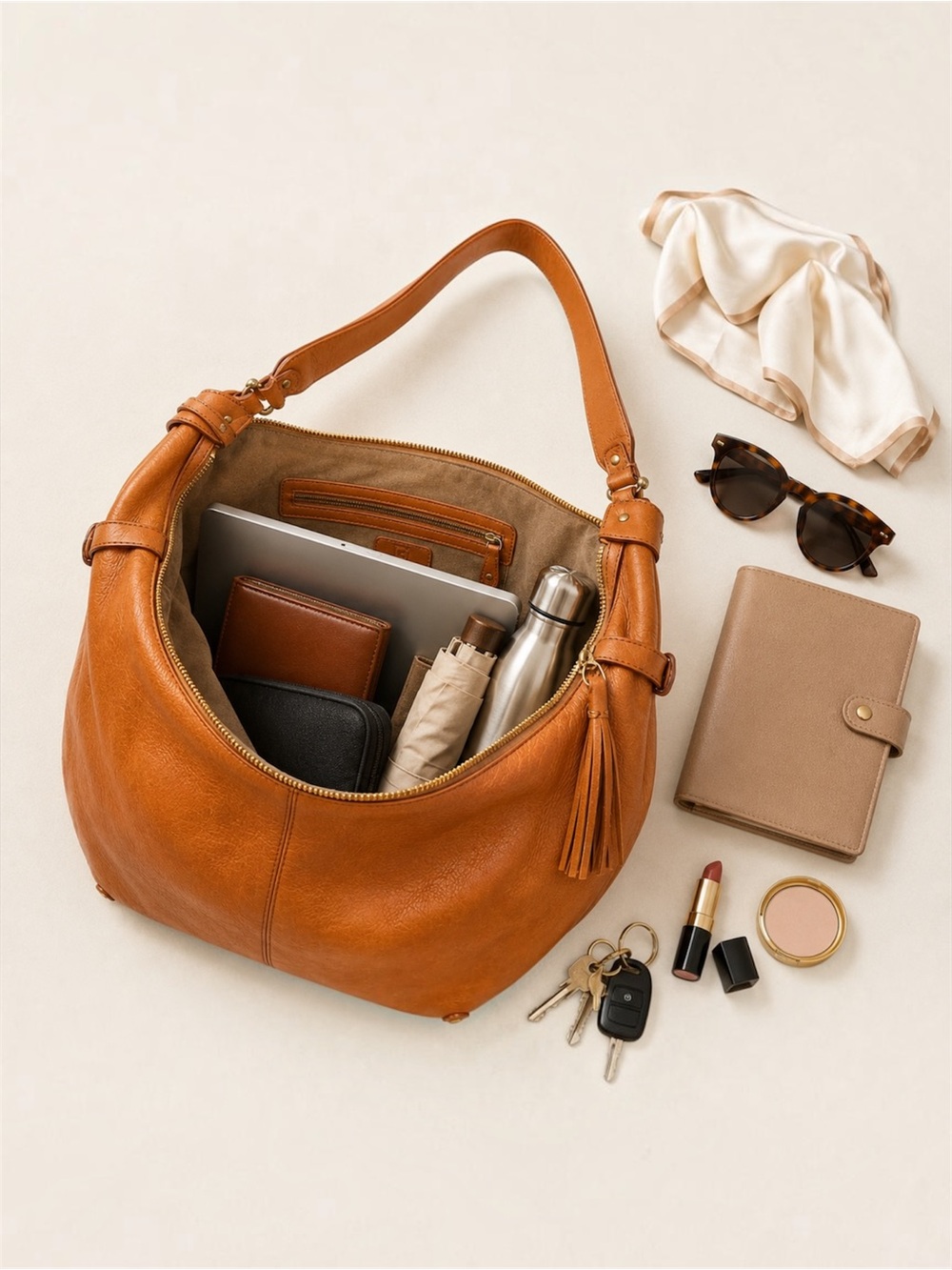 Liz Claiborne Cognac Brown Leather Slouchy Hobo Shoulder Bag Tassel Large - Picture 13 of 13